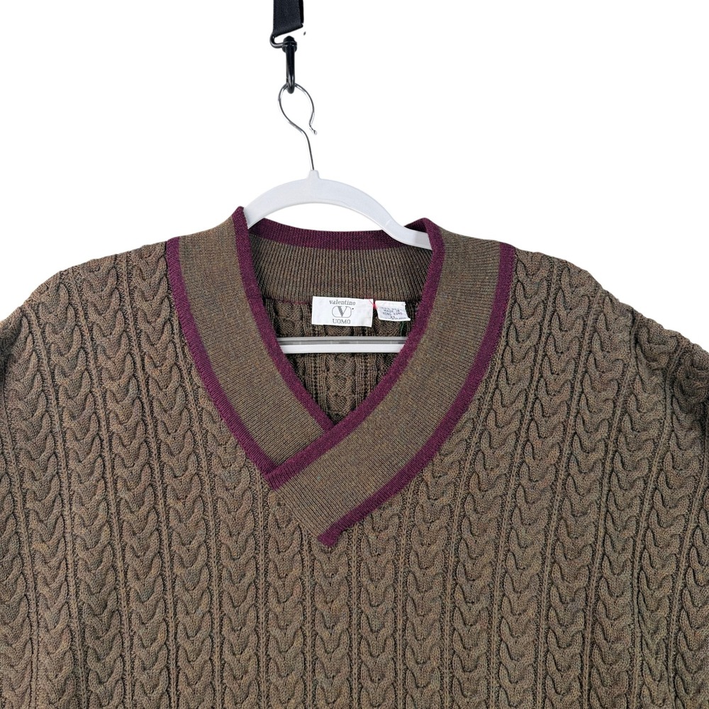 Valentino Uomo Sweater Mens XL Brown Wool Cable Knit‎ V-Neck Burgundy Trim Italy